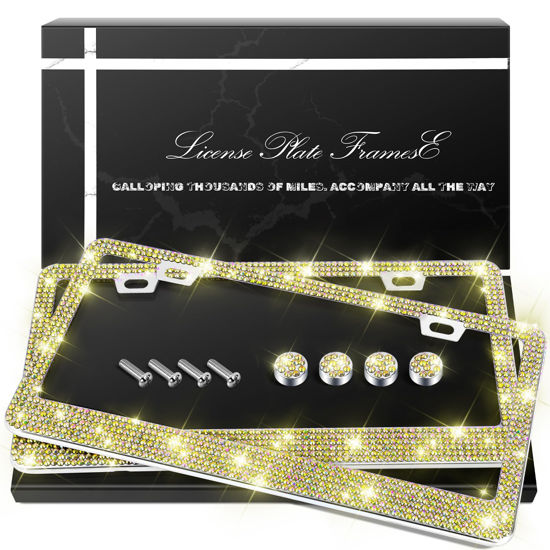 Picture of QUANQIUFEI 2 Pack Bling License Plate Frames, Sparkly Rhinestone Diamond Car License Plate Cover for Women, Stainless Steel Car Accessories with Glitter Crystal Caps (Golden)