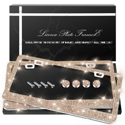 Picture of QUANQIUFEI 2 Pack Bling License Plate Frames, Sparkly Rhinestone Diamond Car License Plate Cover for Women, Stainless Steel Car Accessories with Glitter Crystal Caps (Light Peach)