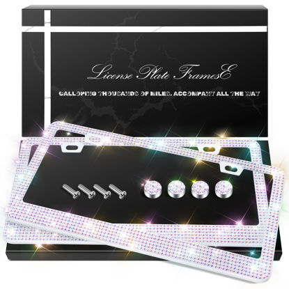 Picture of QUANQIUFEI 2 Pack Bling License Plate Frames, Sparkly Rhinestone Diamond Car License Plate Cover for Women, Stainless Steel Car Accessories with Glitter Crystal Caps (Crystal AB)