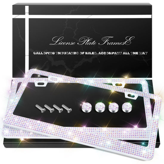 Picture of QUANQIUFEI 2 Pack Bling License Plate Frames, Sparkly Rhinestone Diamond Car License Plate Cover for Women, Stainless Steel Car Accessories with Glitter Crystal Caps (Crystal AB)