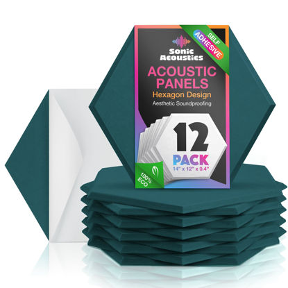 Picture of Sonic Acoustics Self-Adhesive 12 Pack Hexagon Acoustic Panels, 14" X 12" X 0.4" High Density Sound Absorbing Panels Sound Proof Insulation Beveled Edge Studio Treatment Tiles