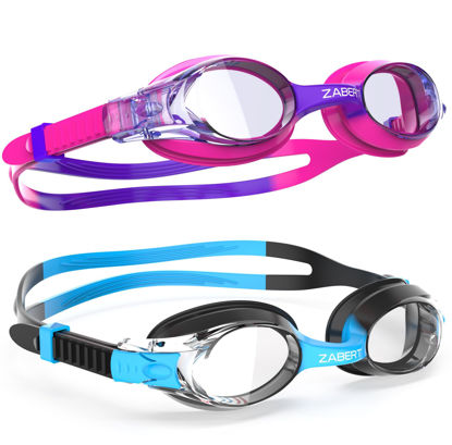 Picture of ZABERT 2 Pack Kids Swim Goggles, Swimming Goggles for Girls Kids Boys Toddler Youth Junior Jr Childrens Child Little Baby Age 3 4 5 6 7 8 9 10 11 12 Years Anti Fog Clear Black Blue Pink Purple