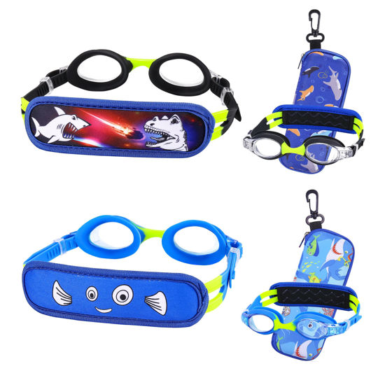 Picture of RUIGAO Kids Swim Goggles Age 2-6, Toddler Goggles No Hair Pull, Child Goggles Padded HeadBand (2PK Goggles - Shark & Blue Fish)