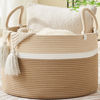 Picture of KAKAMAY Large Blanket Basket (20"x13"),Woven Baskets for storage Baby Laundry Hamper, Cotton Rope Blanket Basket for Living Room, Laundry, Nursery, Pillows, Baby Toy chest (White and Brown)