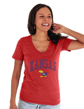 Picture of Blue 84 Kansas Jayhawks Women's Tri-Blend T-Shirt Vintage Arch Over Secondary Color, Red, Medium