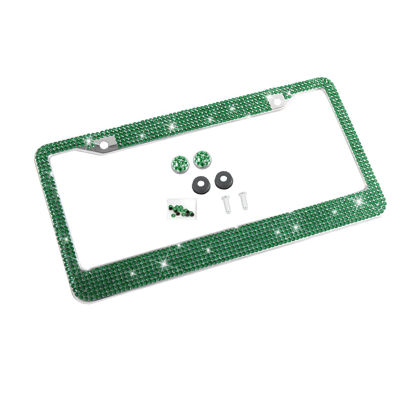 Picture of YALOK Bling Car License Plate Frame, Sparkly Rhinestone Stainless Steel License Plate Cover/Holder, Universal for Most Cars, SUVs, Vehicles with Screw Set, Auto Accessories for Women (Dark Green)