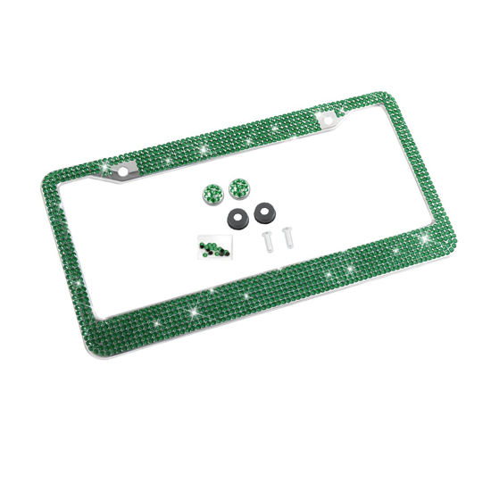 Picture of YALOK Bling Car License Plate Frame, Sparkly Rhinestone Stainless Steel License Plate Cover/Holder, Universal for Most Cars, SUVs, Vehicles with Screw Set, Auto Accessories for Women (Dark Green)