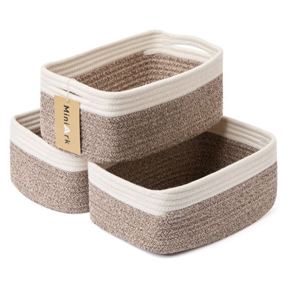 Picture of MiniArk Shelf Storage Baskets for Organizing | Closet Organizer Bins | Small Baskets | Toy Basket | Cute Decorative Basket | Cube Storage Bin | Woven Rope Basket | 13×8.5×5.1” | 3 Packs White Brown