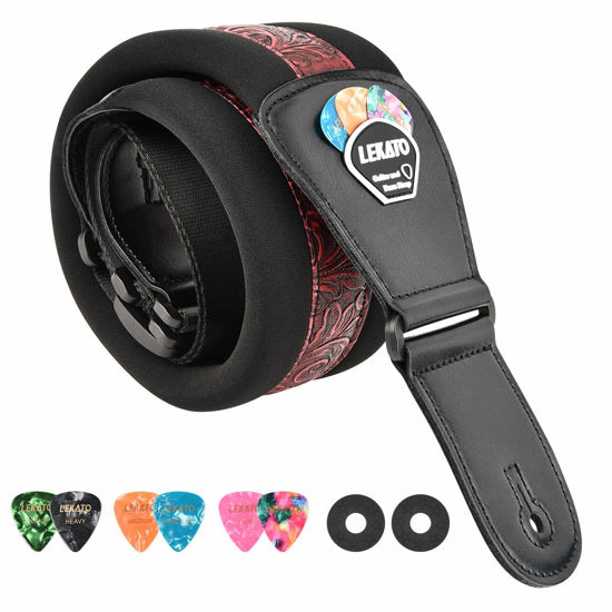 Picture of LEKATO Bass Guitar Strap for Electric Guitar & Bass 3" Wide Guitar Straps Padded Bass Guitar Strap Adjustable Length from 45" to 55" Bass Guitar Straps with Pick Holder 2 Safety Strap Locks & 6 Picks