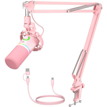 Picture of MAONO XLR/USB Dynamic Microphone Kit, RGB Gaming Mic with Software, Mute, Gain Knob, Volume Control, Boom Arm for Streaming, Podcasting, Voice-Over, Recording-PD200XS Pink
