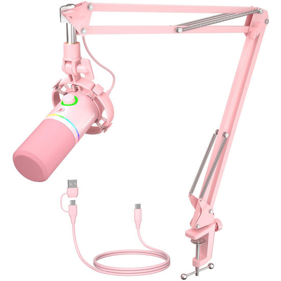 Picture of MAONO XLR/USB Dynamic Microphone Kit, RGB Gaming Mic with Software, Mute, Gain Knob, Volume Control, Boom Arm for Streaming, Podcasting, Voice-Over, Recording-PD200XS Pink