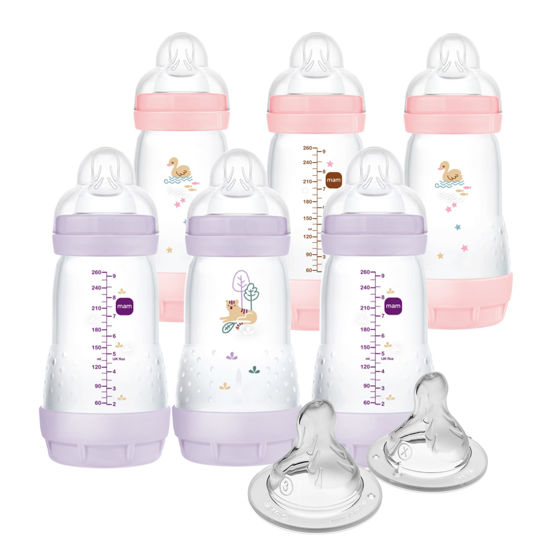 Picture of MAM 9oz Easy Start Anti-Colic Baby Bottle, Medium Flow with 2X Bonus Nipples, Breastfeeding-Like Silicone Nipple Bottle, Reduces Colic, Gas, & Reflux, Easy-to-Clean, BPA-Free, 2 Plus Months