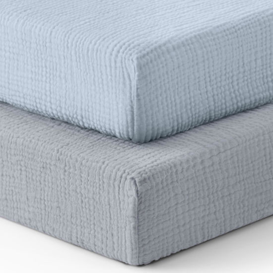 Picture of Blissful Diary Muslin Crib Sheets for Girl Boy, Boho Neutral Soft Cotton Baby Sheet for 52''x28'' Standard Crib Mattress, 2 Pack(Light Blue&Grey)
