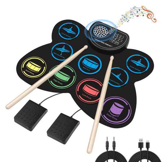 Picture of Electronic Drum Set, Marrilley 9 Drum Practice Pad with Headphone Jack, Roll-up Drum Pad Machine Built-in Speaker Drum Pedals Drum Sticks 10 Hours Playtime, Great Holiday Xmas Birthday Gift for Kids