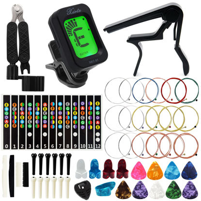 Picture of Anvin Acoustic Guitar Accessories Kit Including acoustic Guitar Strings, tuner, guitar capo, 3-in-1 restring tool, guitar picks, pick holder, bridge pins, guitar nuts saddles, finger picks (53 Pcs)