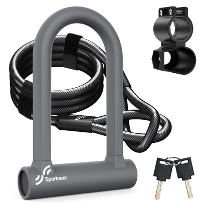 Picture of Sportneer Bike Lock - Heavy Duty Anti Theft Bike U Lock with 5ft Security Steel Cable - 17mm Shackle Bicycle U-Locks with Keys & Sturdy Mounting Bracket for Road, Mountain, Electric Bike, Grey