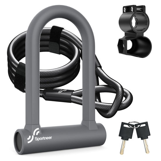 Picture of Sportneer Bike Lock - Heavy Duty Anti Theft Bike U Lock with 5ft Security Steel Cable - 17mm Shackle Bicycle U-Locks with Keys & Sturdy Mounting Bracket for Road, Mountain, Electric Bike, Grey