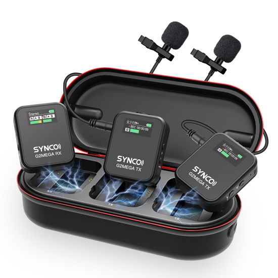 Picture of SYNCO Wireless Microphone System with Charging Case, G2A2 MEGA Dual Transmitter 8GB Storage of 24H 656ft Video Recording Streaming for Camera/Phone/PC/Laptop, Wireless-Lav-Mic-for-Camera