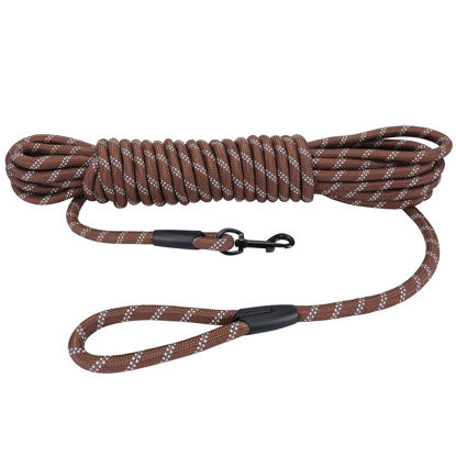 Picture of Hi Kiss Check Cord Large,Medium Small Dogs/Puppy Obedience Recall Training Agility Lead - 15ft 20ft 30ft 50ft Training Leash(Brown 30ft-Diam 1/2"-1 Hook)