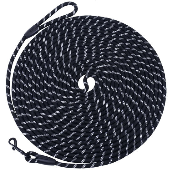 Picture of Hi Kiss Check Cord Large,Medium Small Dogs/Puppy Obedience Recall Training Agility Lead - 15ft 20ft 30ft 50ft Training Leash(Blck 50ft-Diam 1/3"-1 Hook)