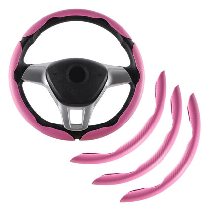 Picture of Amiss 3pcs Car Carbon Fiber Anti-Skid Steering Wheel Cover，Segmented Steering Wheel Protector, Butterfly Steering Wheel Cover, Universal 99% Car Wheel Cover Protector, Car Interior Accessories(Pink)