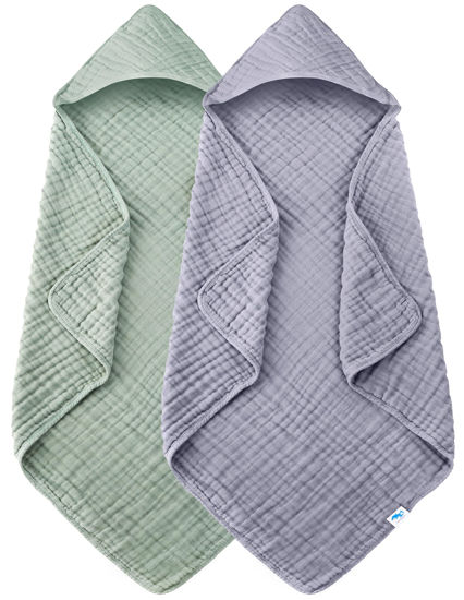 Picture of SWEET DOLPHIN Muslin Hooded Baby Bath Towels - 2 Pack 100% Cotton Towel for Babies, Infants, Toddlers - 32x32Inch - Highly Absorbent and Newborn Essential, Green and Grey