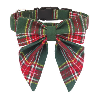 Picture of ADOGGYGO Christmas Dog Collar with Bow, Plaid Xmas Dog Bowtie Collar, Adjustable Green Dog Christmas Collars for Small Medium Large Dogs Pets (Large, Green)