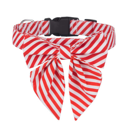 Picture of ADOGGYGO Christmas Dog Collar with Bow, Adjustable Cotton Stripe Bowtie Dog Christmas Collars for Small Medium Large Dogs Pets (Large, Red & White)