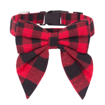 Picture of ADOGGYGO Christmas Dog Collar with Bow, Adjustable Cotton Red Plaid Bowtie Dog Christmas Collars for Small Medium Large Dogs Pets (Small, Red & Black)