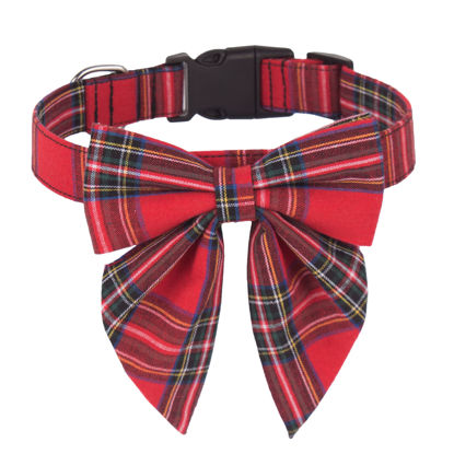 Picture of ADOGGYGO Christmas Dog Collar with Bow, Adjustable Cotton Red Plaid Bowtie Dog Christmas Collars for Small Medium Large Dogs Pets (Medium, Xmas)
