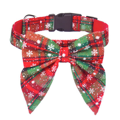 Picture of ADOGGYGO Christmas Dog Collar with Bow, Adjustable Cotton Red Bowtie Dog Christmas Collars for Small Dogs Pets (Small, Xmas)