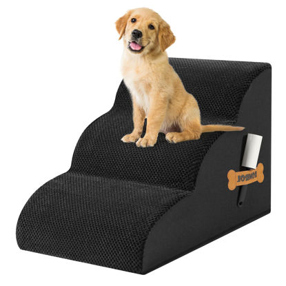 Picture of Romrol Dog Stairs Ramp for Beds Couches, Extra Wide Pet Steps with Durable Non-Slip Waterproof Fabric Cover, Pets Slope Stairs, 3-Tiers,Black