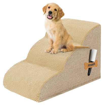 Picture of Romrol Dog Stairs Ramp for Beds Couches, Extra Wide Pet Steps with Durable Non-Slip Waterproof Fabric Cover, Pets Slope Stairs, 3-Tiers,Beige