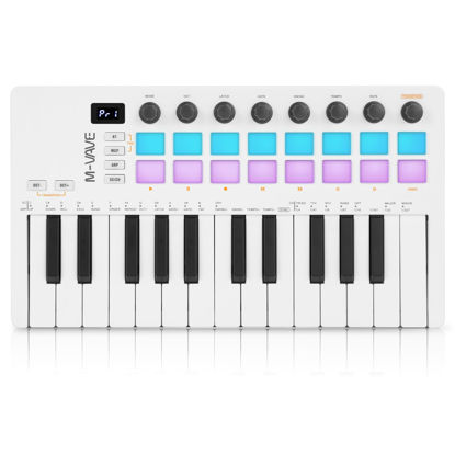 Picture of M-WAVE 25 Key USB MIDI Keyboard Controller With 16 Backlit Drum Pads, Bluetooth Semi Weighted Professional dynamic keybed 8 Knobs and Music Production,Software Included (16 Drum White)