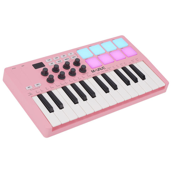 Picture of M-WAVE 25 Key USB MIDI Keyboard Controller With 8 Backlit Drum Pads, Bluetooth Semi Weighted Professional dynamic keybed 8 Knobs and Music Production,Software Included (Pink)