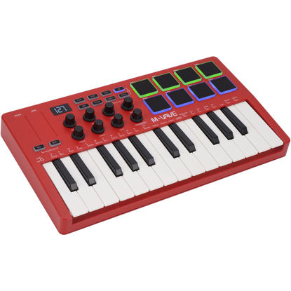 Picture of M-WAVE 25 Key USB MIDI Keyboard Controller With 8 Backlit Drum Pads, Bluetooth Semi Weighted Professional dynamic keybed 8 Knobs and Music Production,Software Included (Red)