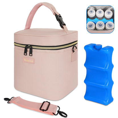 Picture of Mancro Breastmilk Cooler Bag Fits 6 Baby Bottles Up to 9 Ounce, Insulated Baby Bottle Bag Comes with ice Pack and Shoulder Strap, Baby Bottle Cooler Bag for Daycare Nursing, Pink