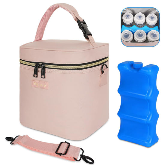 Picture of Mancro Breastmilk Cooler Bag Fits 6 Baby Bottles Up to 9 Ounce, Insulated Baby Bottle Bag Comes with ice Pack and Shoulder Strap, Baby Bottle Cooler Bag for Daycare Nursing, Pink