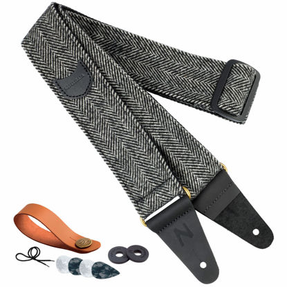 Picture of Nefelibata Guitar Strap, Soft Cashmere-containing Fabric Full Grain Leather End Guitar Straps for Bass, Electric and Acoustic Guitars, Come with Free Button, Locks and Guitar Picks