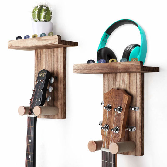 Picture of Keebofly Guitar Wall Mount,2 Pack Guitar Wall Hangers Holder Guitar Hangers Shelf with Pick Holder Wood Guitar Rack for Acoustic or Electric Guitar,Ukulele,Bass,Mandolin Brown,[Patented]