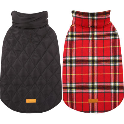Picture of Kuoser Warm Dog Coat, Reversible Dog Jacket Waterproof Dog Winter Coat British Style Plaid Dog Clothes Pet Dog Cold Weather Coats Cozy Snow Jacket Vest for Small Medium Large Dogs Bright Red S