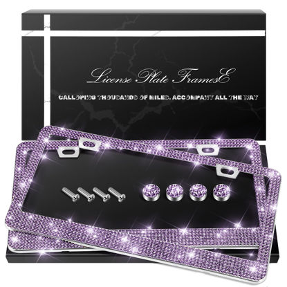 Picture of QUANQIUFEI 2 Pack Bling License Plate Frames, Sparkly Rhinestone Diamond Car License Plate Cover for Women, Stainless Steel Car Accessories with Glitter Crystal Caps (Tanzanite)