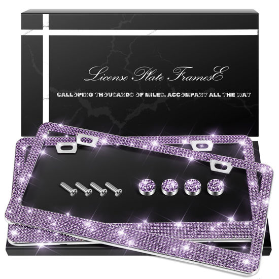 Picture of QUANQIUFEI 2 Pack Bling License Plate Frames, Sparkly Rhinestone Diamond Car License Plate Cover for Women, Stainless Steel Car Accessories with Glitter Crystal Caps (Tanzanite)