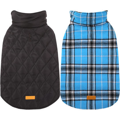 Picture of Kuoser Warm Dog Coat, Reversible Dog Jacket Waterproof Dog Winter Coat British Style Plaid Dog Clothes Pet Dog Cold Weather Coats Cozy Snow Jacket Vest for Small Medium Large Dogs Blue L