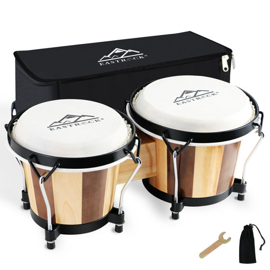 Picture of EASTROCK Bongo Drum 6” and 7” Bongos Set for Adults Kids Beginners Professionals Tunable Wood and Metal Drum Percussion Instruments with Bag and Tuning Wrench（Stripe）