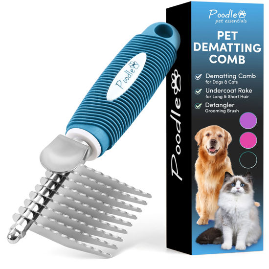 Picture of Poodle Dematting Fur Rake Comb Brush for Dogs and Cats - Long 2.5" Steel Safety Blades Metal Comb for Detangling Matted or Knotted Undercoat Hair