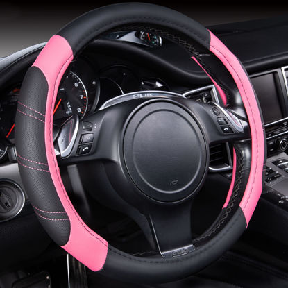 Picture of CAR PASS Line Rider Microfiber 14 Inch Leather Sporty Steering Wheel Cover Universal Fits for 95% Truck,SUV,Cars, Anti-Slip Safety Comfortable Desgin (Black Pink)