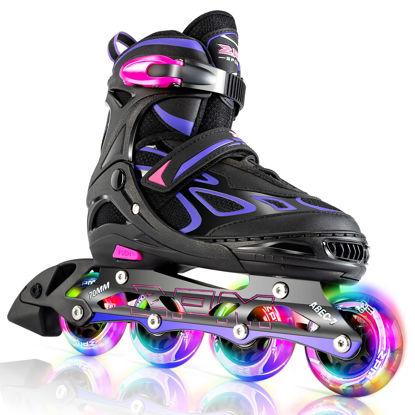 Picture of 2PM SPORTS Vinal Girls Adjustable Inline Skates with Light up Wheels Beginner Skates Fun Illuminating Roller Skates for Kids Boys and Ladies… (Violet & Magenta, Large - Youth (4Y-7Y US))