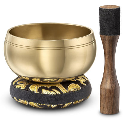 Picture of Tibetan Singing Bowl Set - Easy to Play - Creates Beautiful Sound for Holistic Healing, Stress Relief, Meditation & Relaxation - Traditional Plain - with Black Pillow