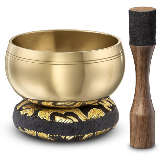 Picture of Tibetan Singing Bowl Set - Easy to Play - Creates Beautiful Sound for Holistic Healing, Stress Relief, Meditation & Relaxation - Traditional Plain - with Black Pillow